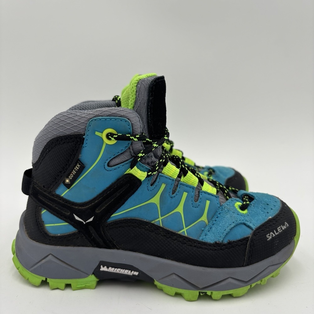 Salewa Hiking Boots Kids Size 10 Jr Alp Mid Trainer Michelin Blue Black Gortex